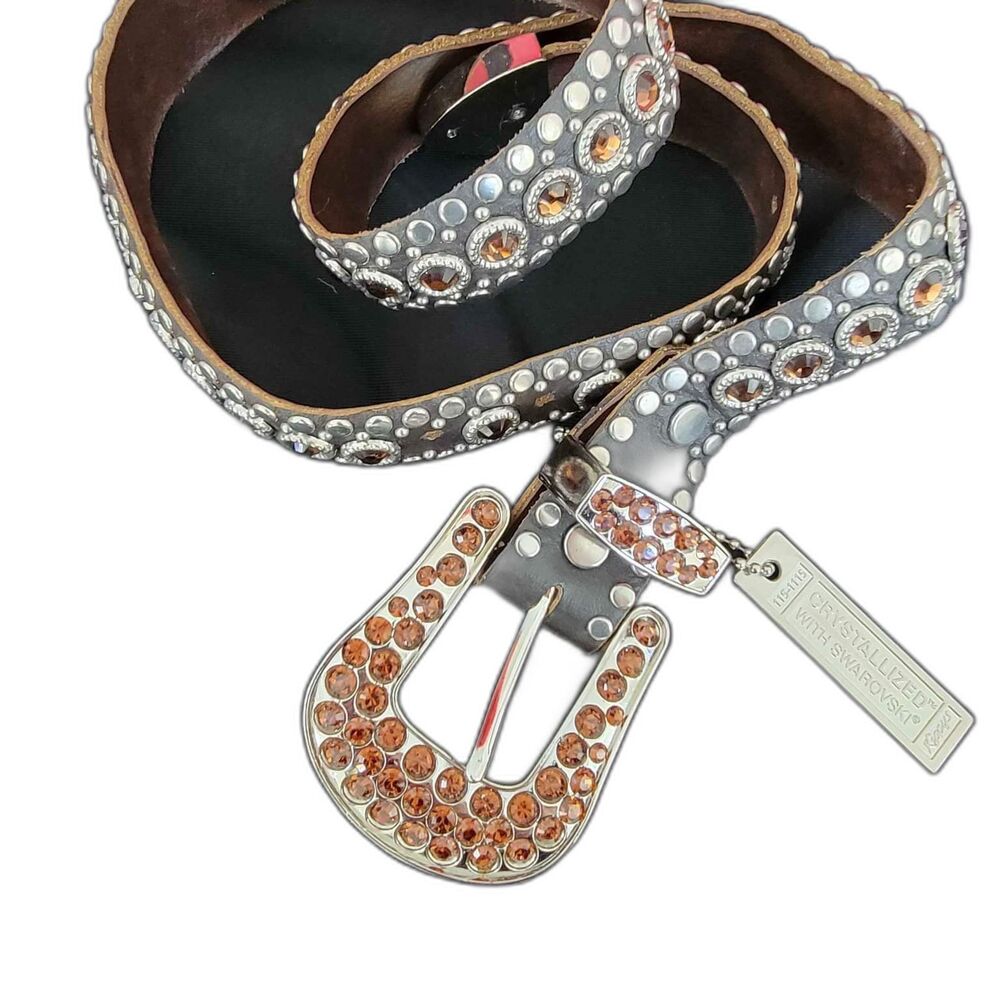 Kippy's Belt Chocolate Brown Leather with Amber Swarovski Crystals & Studs 32